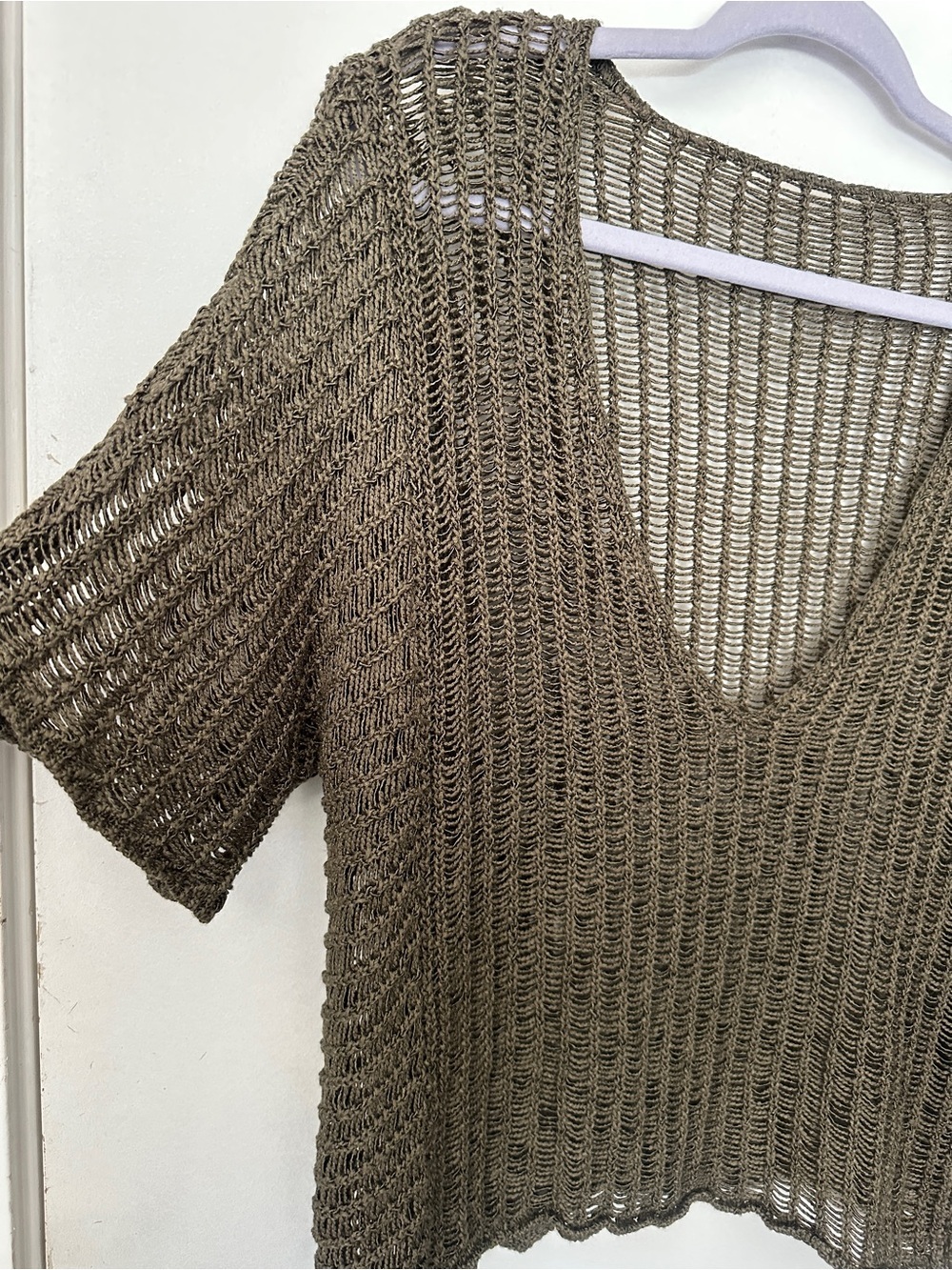 Olive Green Crochet Sweater Womens M L Open Knit V Neck Beach Cover Up - Picture 3 of 6